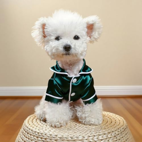 Cat Puppy Costume Elegant Satin Pajamas with Bow Headband 2PCs Set Pet Sleepwear Cute Pet Outfit Cosplay Partywear Photoshoots (Green Set,Small)