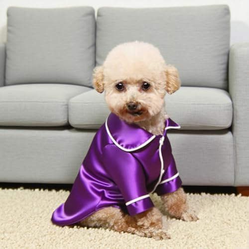 Cat Puppy Costume Elegant Satin Pajamas with Bow Headband 2PCs Set Pet Sleepwear Cute Pet Outfit Cosplay Partywear Photoshoots (Purple Set,X-Small)