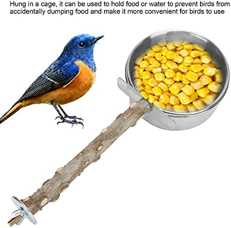 Wood Bird Perch with Bird Feeding Cups Stainless Steel Parrot Food Water Bowls Dish Feeder for Cockatiel Conure Budgies Parakeet [S] Feeding & Watering Supplies