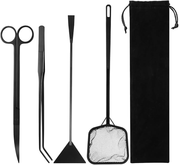 4-in-1 Tool Kit for Small Aquariums, Includes Curved Scissors, Tweezers, Sand Spatula & Fish Net