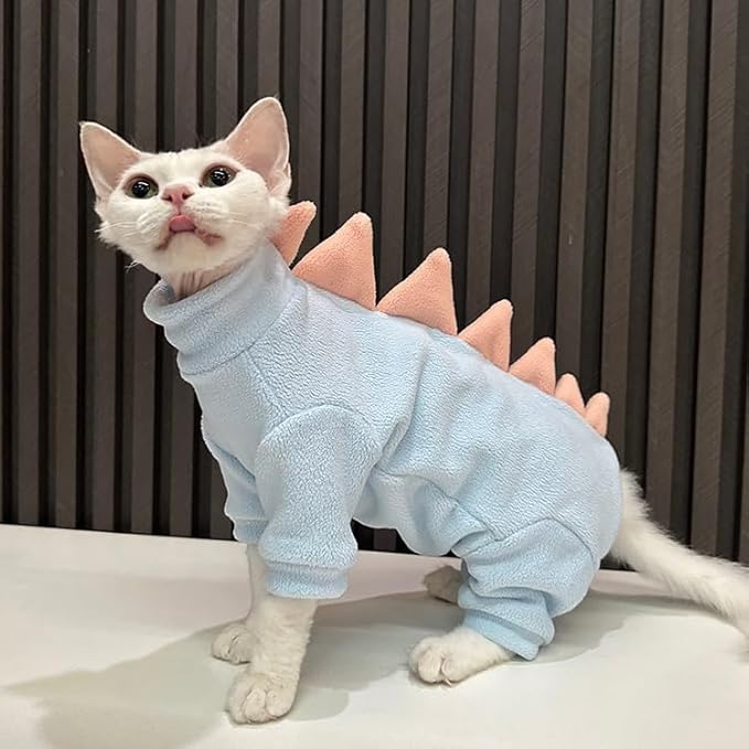 Sphynx cat Clothes, Dinosaur Costume, Hairless Cats Warm Clothes for Cornish Rex and Devon Rex (Blue, XL(8-10lbs))