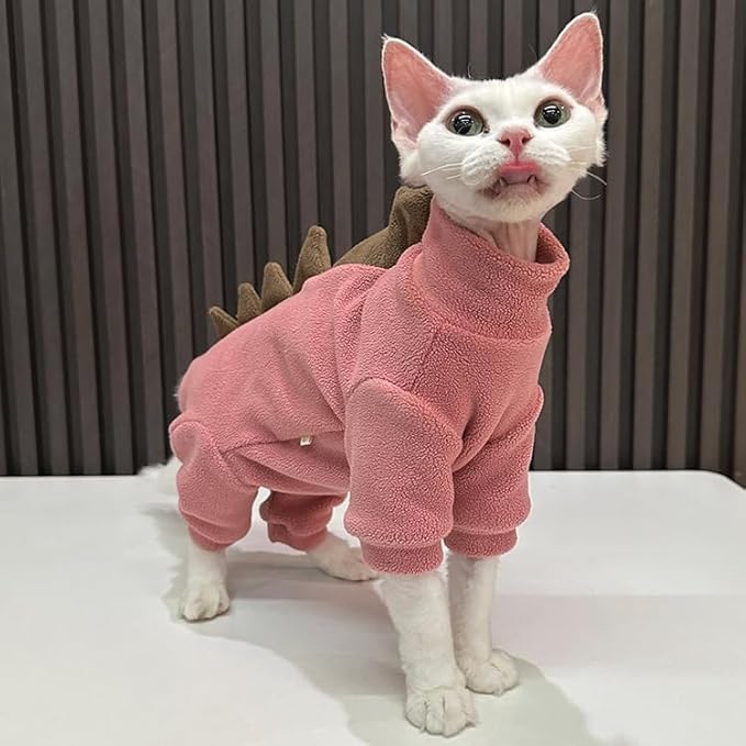 Sphynx cat Clothes, Dinosaur Costume, Hairless Cats Warm Clothes for Cornish Rex and Devon Rex (Red, XL(8-10lbs))