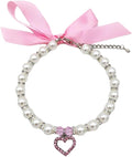 Pearl Crystal Dog Necklace Collar Jewelry for Small Dogs Puppy, Bling Cat Wedding Collar with Rhinestones Charm, Chihuahua Yorkie Clothes Outfits Accessories (Pink Heart, 10 to 12-Inch)