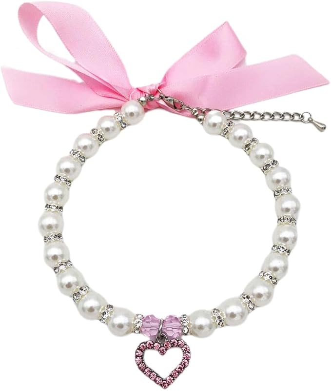 Pearl Crystal Dog Necklace Collar Jewelry for Small Dogs Puppy, Bling Cat Wedding Collar with Rhinestones Charm, Chihuahua Yorkie Clothes Outfits Accessories (Pink Heart, 12 to 14-Inch)