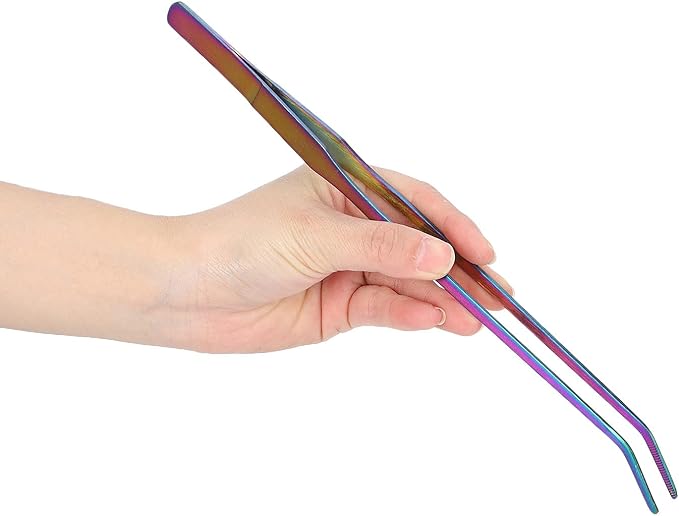 27cm Reptile Feeding Tongs, Rainbow Color Aquarium Tweezers Stainless Steel Fishbowl Long Tweezers, Aquascaping Tools for Hold Worms, Reptiles, Lizards, Bearded Dragon(27cm Curved Clip)