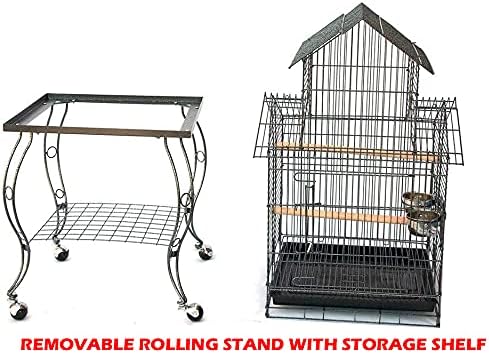 55" Rolling Standing Triple Roof Top Medium Bird Cage for Mid-Sized Parrot Cockatiel Sun Parakeet Green Cheek Conure Caique Pet Bird Cage with Detachable Stand