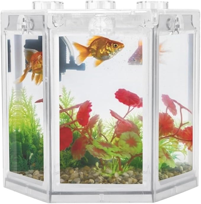 4.7 Inch Hexagonal Mini Aquarium Tank Leak-Proof Plastic Stackable Portable Fish Tank for Desk Decor Terrarium Habitat(Transparent)