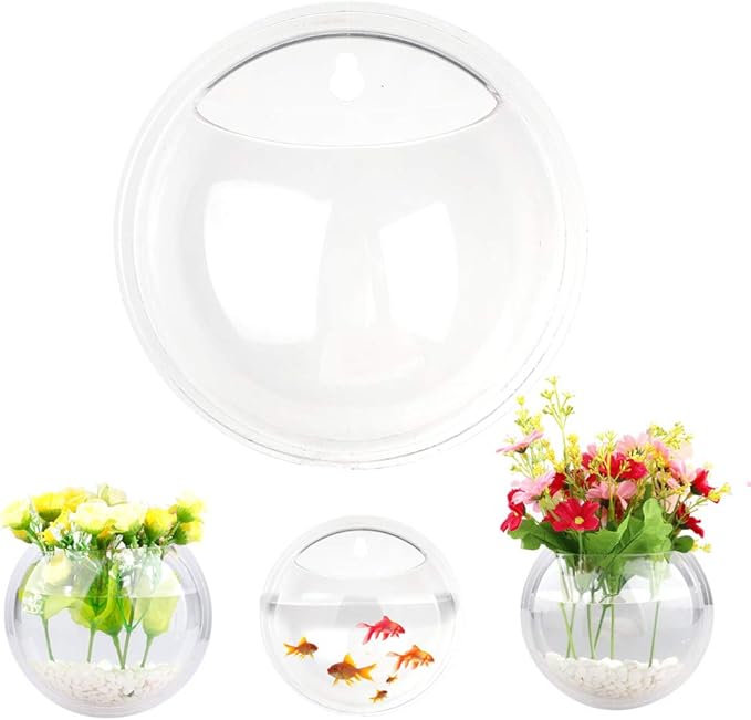 DAMEING Wall Hanging Fish Tank, Acrylic Round Wall Mounted Hanging Fish Bowl Aquarium Tank, Gold Fish and Beta Fish Plant Vase Home Decoration Pot, Transparent (15x15CM)
