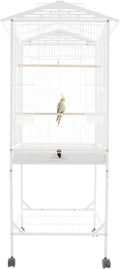Bird Cage with Wheels, Breeding Cage Wrought Iron Flight Cage with Wooden Stand, Removable Tray & Feeding Bowls for Parrots, Canaries, Lovebirds Finches, 18" L x 18" W x 54" H