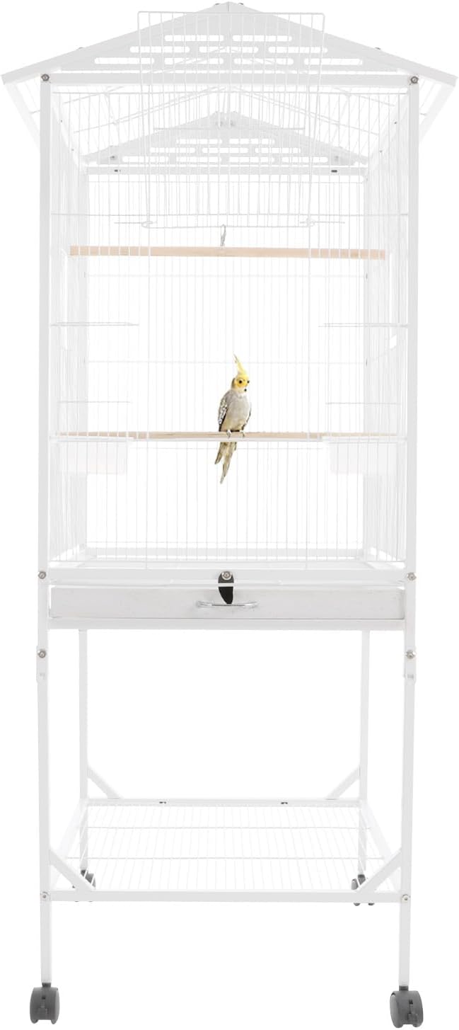 Large Heavy Duty Wrought Iron Bird Cage with Open Play Top Area & Rolling Stand, Spacious Flight Cage for Parrots, Parakeets, Cockatiels & Lovebirds (White)