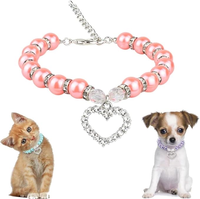 Dog Pearls Collars Crystal Heart Dog Cat Collar, Pet Bling Love Charm Pendant Necklace for Cats Small Dogs Birthday Party Accessories(S,White)