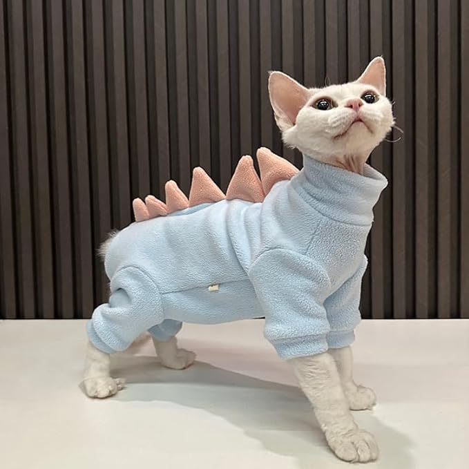 Sphynx cat Clothes, Dinosaur Costume, Hairless Cats Warm Clothes for Cornish Rex and Devon Rex (Blue, XXL(10-12lbs))