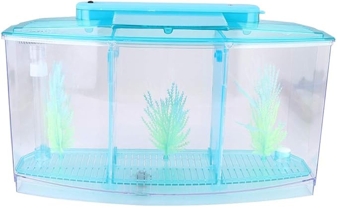 HEEPDD Triple Chamber Fish Breeder Box for Aquarium, Transparent Acrylic Small Fishes Breeding Isolation Box with Six LED Lights and Water Change Valve Breeder for Fish Tank (Blue)