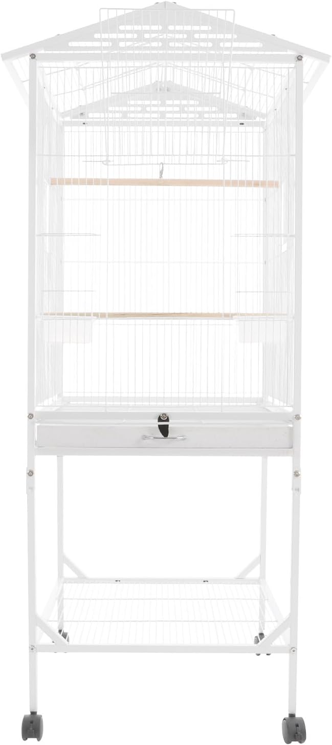 54 Inch Metal Bird Cage, Interactive Double-Door Open Top Bird Cage with 4 Feeding Windows Tray, Lockable Wheels Mobile Pet Birdcage for Parrots, Budgerigars, Parakeets, Lovebirds(White)