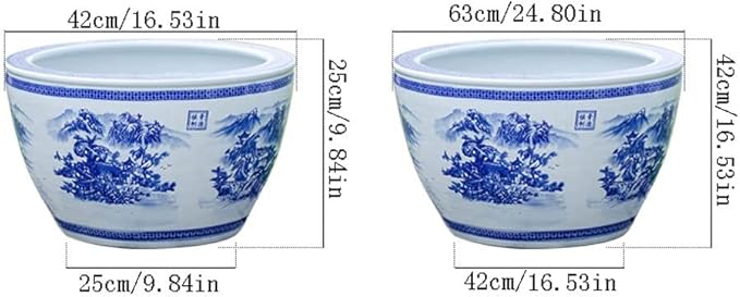 Fish Tabk Chinese Style Blue and White Ceramic Goldfish Bowl Fish Tank Balcony Fish Culture Tank Courtyard Lotus Tank Turtle Tank Aquarium Starter Kits Cool Fish Tank(Color:B,Size:42cm)