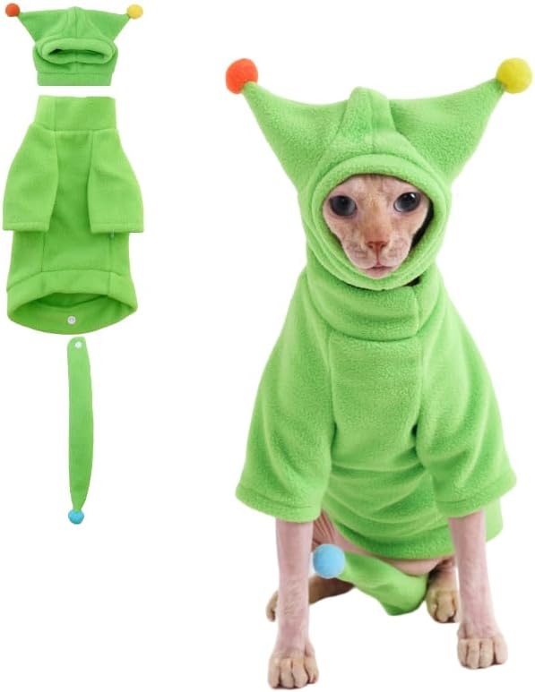 Sphynx Cat Clothes, Warm Cat Jumpsuit with Hat and Tail Cover, Full Set for Hairless Cats, Cornish Rex and Devon Rex (Green, XL(9-10lbs))