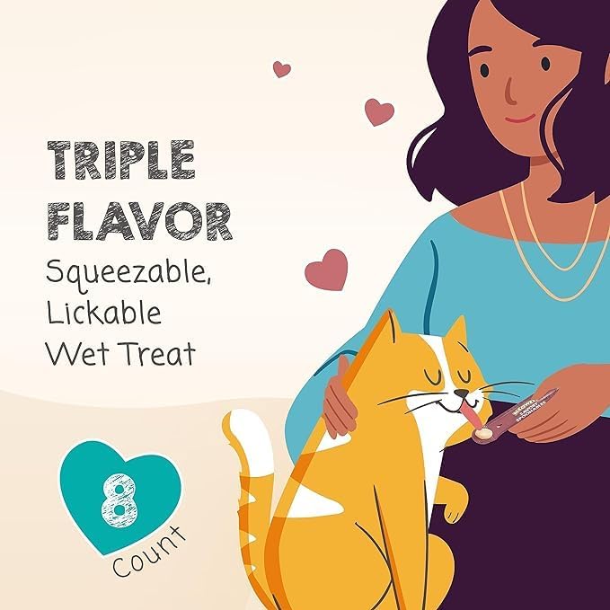 Savory Spoonables with Real Salmon, Tuna & Krill, 8 Count Tube, Triple Flavor Squeezable Lickable Wet Treats for Cats with Built-in Spoon for Less Mess (Pack of 2)