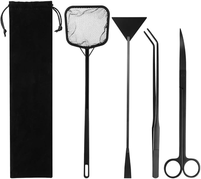 4-in-1 Tool Kit for Small Aquariums, Includes Curved Scissors, Tweezers, Sand Spatula & Fish Net