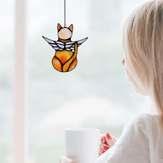 Angel Cat Memorial Ornament, Acrylic Window Hanging Decoration for Cat Lovers, Wings Suncatcher Decor, Pet Sympathy Gift Statue (Orange)