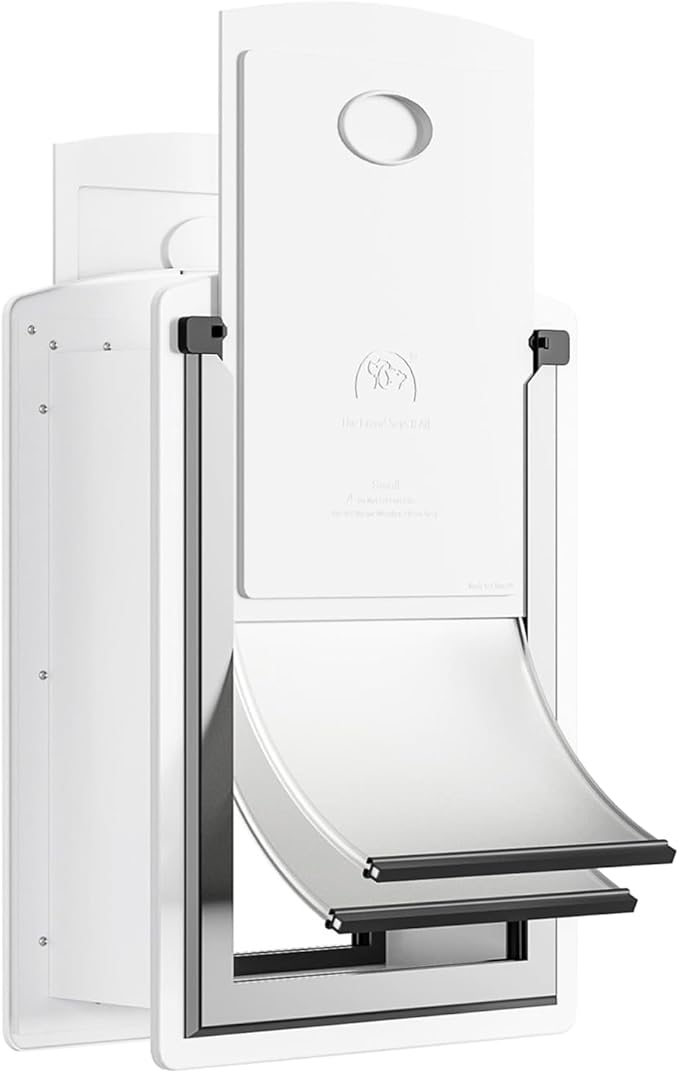 Steel Dog Door for Wall, Energy Efficient Pet Door, Telescoping Tunnel and Steel Frame, Double Magnetic Flaps and Two Sliding Lock Panels, Easy to Install, White, Medium