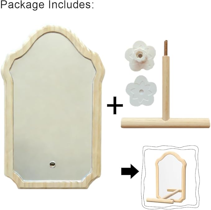 Mirror with Perch for Parrots, Wooden Standing Bird Mirror Toy Chewing Perch with Reflective Mirror for Cockatiel, Lovebird, Parakeet, Bird Cage Accessories ﻿ (Large Mirror 21cm)