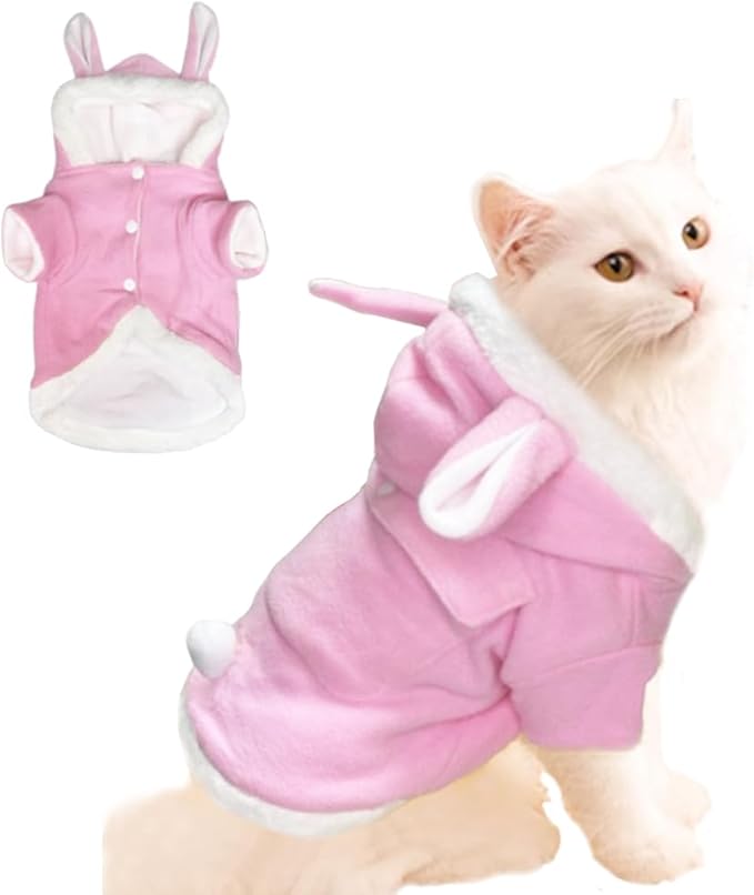 ANIAC Bunny Ears Cat Costume Plush Dog Hoodies with Pocket Sweater Cute Kitten Cat Clothes Warm Rabbit Ears Outfit with Hood for Small Dog Cat and Puppy (Pink-2, X-Small)