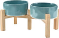 SPUNKYJUNKY Elevated Dog Bowls Ceramic, 6.1'' Dogs and Cat Food Water Bowls Raised with Non-Slip Bamboo Stand for Medium Sized Breed Microwave Dishwasher Safe - 28.7 OZ,Dark Green