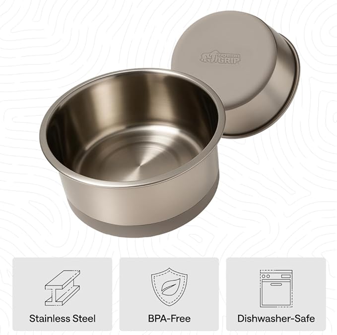 GORILLA GRIP Dog Bowls, Heavy Duty 304 Stainless Steel, Holds 2 Cups Each (16 fl oz) Food and Water Bowl for Feeding Dogs and Cats, Dishwasher Safe, Rust Resistant, BPA Free Rubber Base Set of 2 Beige