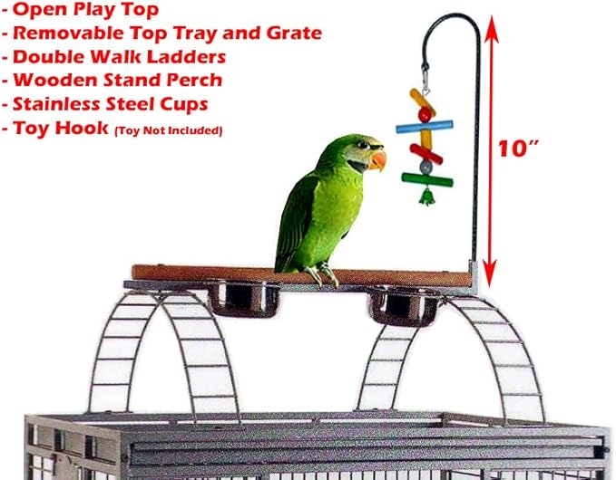 4-Size / 2-Color, Large Double Ladders Open Play Top Wrought Iron Bird Parrot Parttot Finch Macaw Cockatoo Cage, Include Seed Guard and Toy Hook