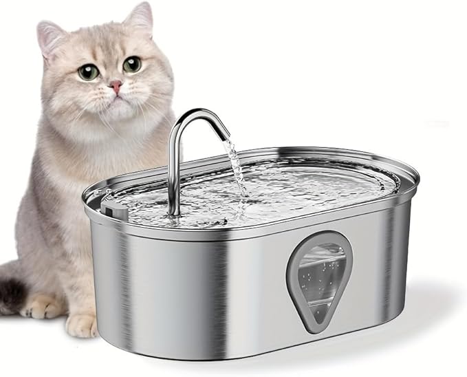 NPET WF170 Cat Water Fountain Stainless Steel: 3.5L/118oz Pet Fountain Water Bowl Dog Drinking Dispenser Dish Animal Feeding & Watering Supplies with 8 Replacement Filters (Water Fountain Only)