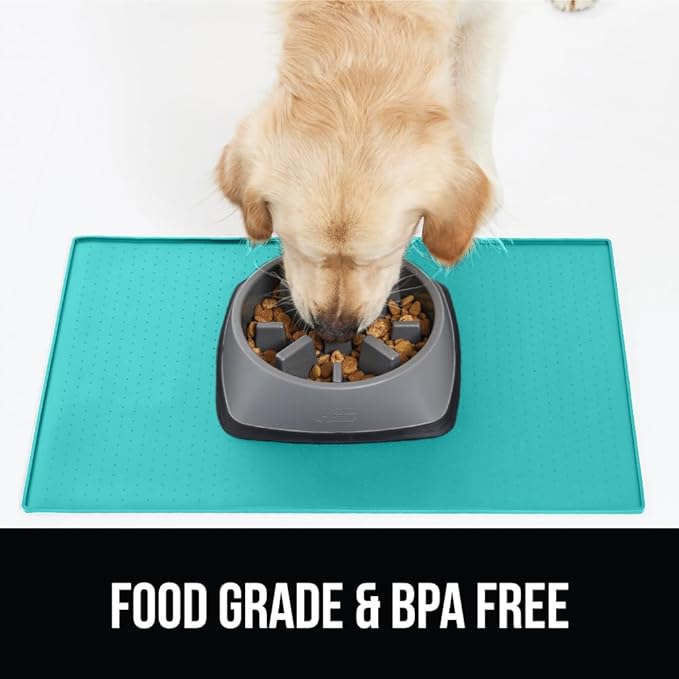 GORILLA GRIP 100% Waterproof Raised Edge BPA Free Silicone Pet Feeding Mat, Dog Cat Food Mats Contain Spills Protects Floors, Placemats for Cats and Dogs Water Bowl, Pets Accessories 28x18 Turquoise