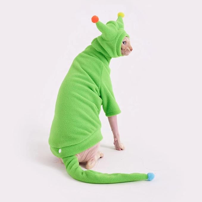 Sphynx Cat Clothes, Warm Cat Jumpsuit with Hat and Tail Cover, Full Set for Hairless Cats, Cornish Rex and Devon Rex (Green, L(6.5-8lbs))