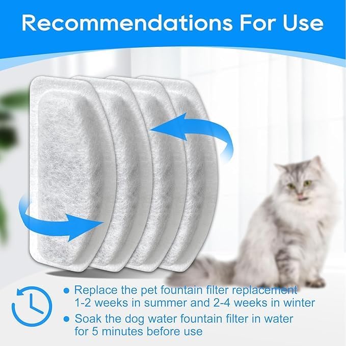 Cat Water Fountain Filters Replacement Compatible with ORSDA D30 67oz/2L Pet Water Fountains, 8 Pack Cat Fountain Filter & 4 Pack Replacement Pre-Filter Sponges for D30 Automatic Cat Fountain