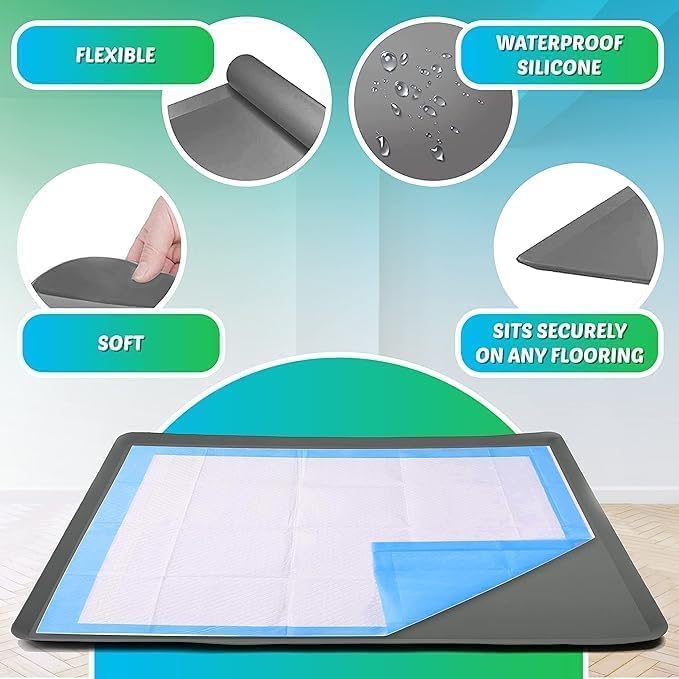 TidyFriend 2 Pk Dog Pee Pad Holder Tray Fits for 27.5” x 44” Pee Pads with Corner Lock Holes, Raised Edges, Non-Spill, Easy to Clean Silicone Dog Potty Tray Holder, for Indoor Floor Protection (Grey)