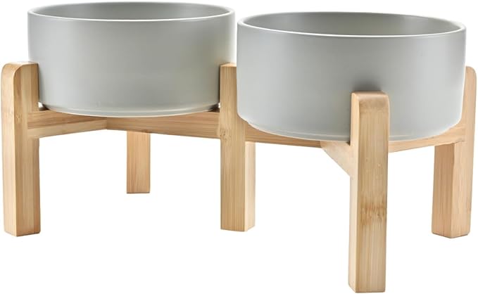 SPUNKYJUNKY Elevated Dog Bowls Ceramic, 6.1'' Dogs and Cat Food Water Bowls Raised with Non-Slip Bamboo Stand for Medium Sized Breed Microwave Dishwasher Safe - 28.7 OZ,Grey