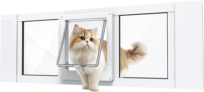 Cat Door for Window, Aluminum Cat Door Window Insert with 4 Secure Lock Modes, Magnectic Closure for Cats, Fit Window Width 24"-28", White