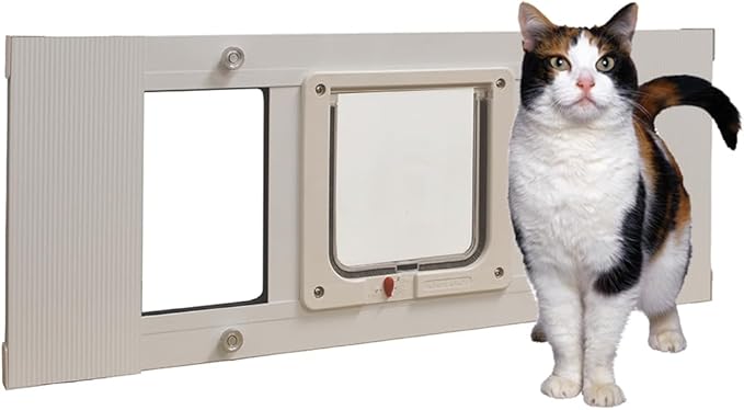Ideal Pet Products Aluminum Sash Window Pet Door, Adjustable to Fit Window Widths from 27" to 32", Cat Flap 6-1/4” x 6-1/4” Flap Size