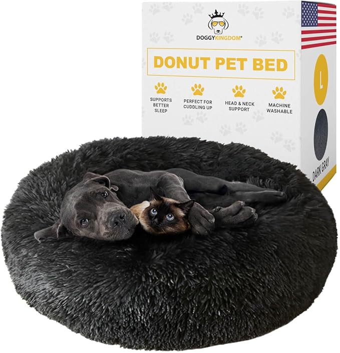 Calming Round Donut Dog Bed Pillow, Washable, Anti Anxiety, Anti-Slip, Cozy Soft Cuddler Comfort Bed with Fluffy Plush Faux Fur for Large Medium Small Sized Dog - Dark Gray, L 35 inch