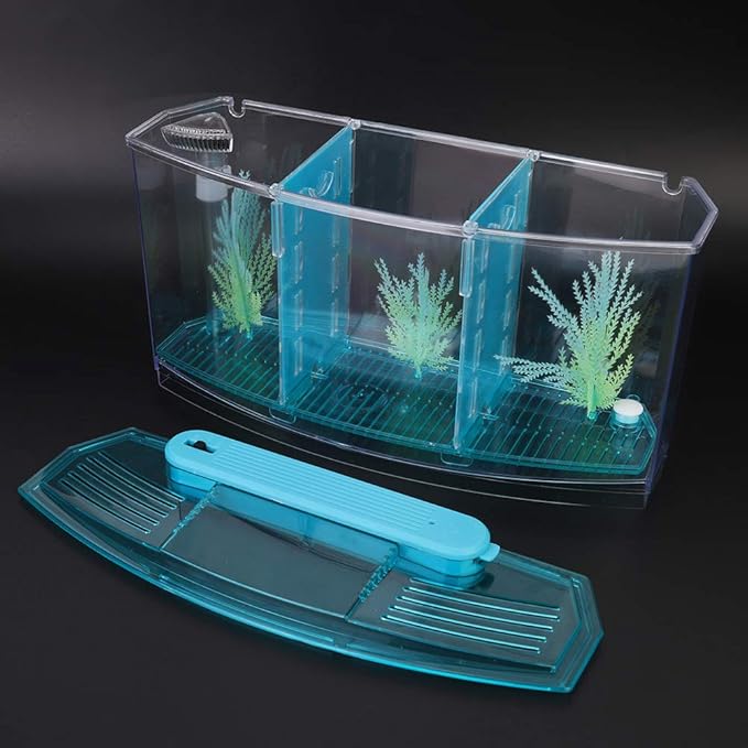HEEPDD Triple Chamber Fish Breeder Box for Aquarium, Transparent Acrylic Small Fishes Breeding Isolation Box with Six LED Lights and Water Change Valve Breeder for Fish Tank (Blue)