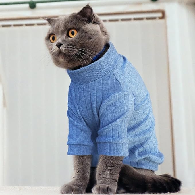 Idepet Sphynx Hairless Cats Sweater Shirt Kitten Soft Puppy Clothes Pullover Cute Cat Pajamas Jumpsuit Cotton Apparel Pet Winter Turtleneck for Cats and Teacup Chihuahua(2 Pack-Blue&Pink,XXL)