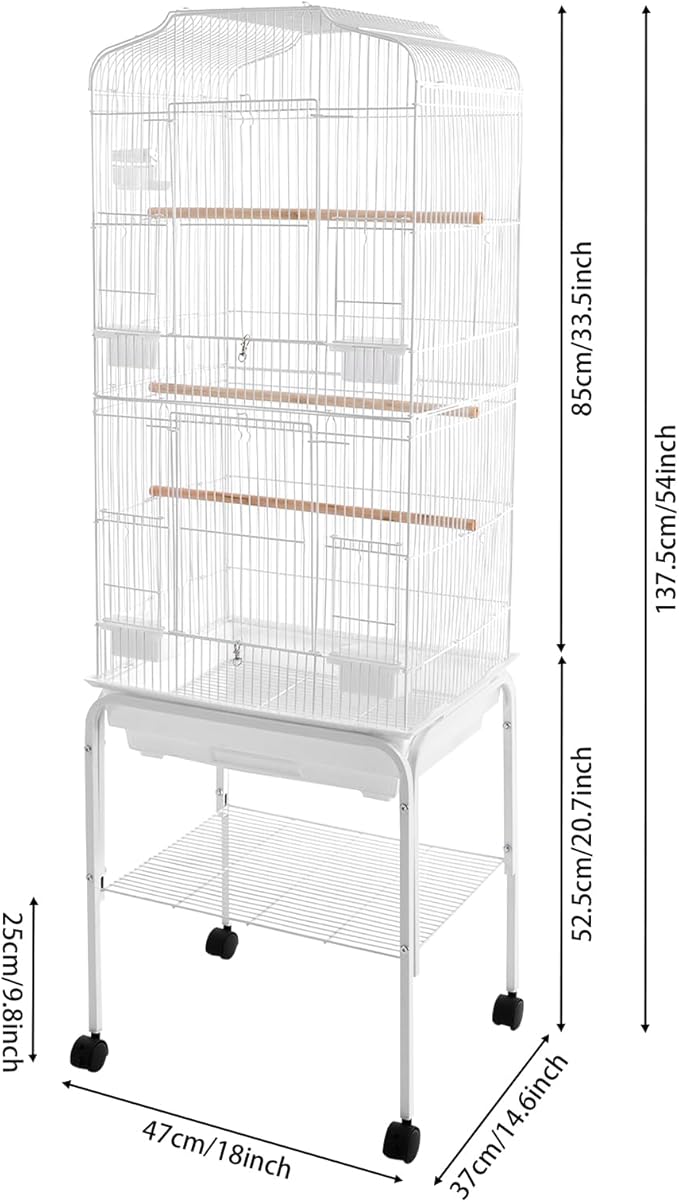 54 inch Metal Bird Cage,Large Parakeet Cages for Parrot,Cockatiel, Lovebird,Birdcage with Wheels,Roof Top,Storage Shelf (White)