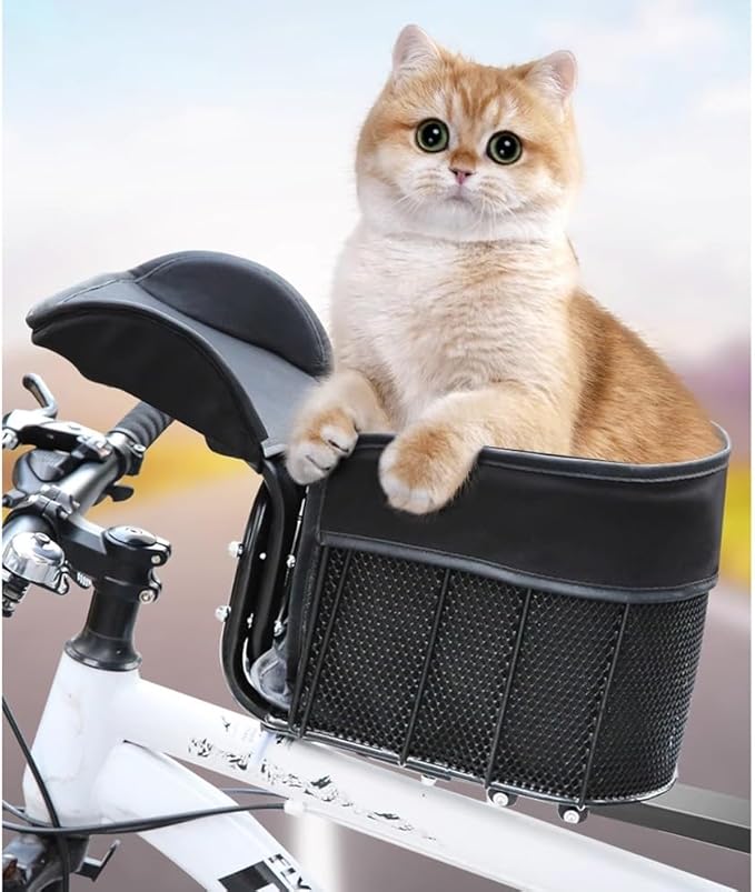 Dog Bicycle Seat Carrier – Sturdy Metal Basket with Soft Cushion, Handlebar/Top-Tube Mount, Dual Safety Tethers, Travel Pet Bike Basket for Small Dogs & Cats