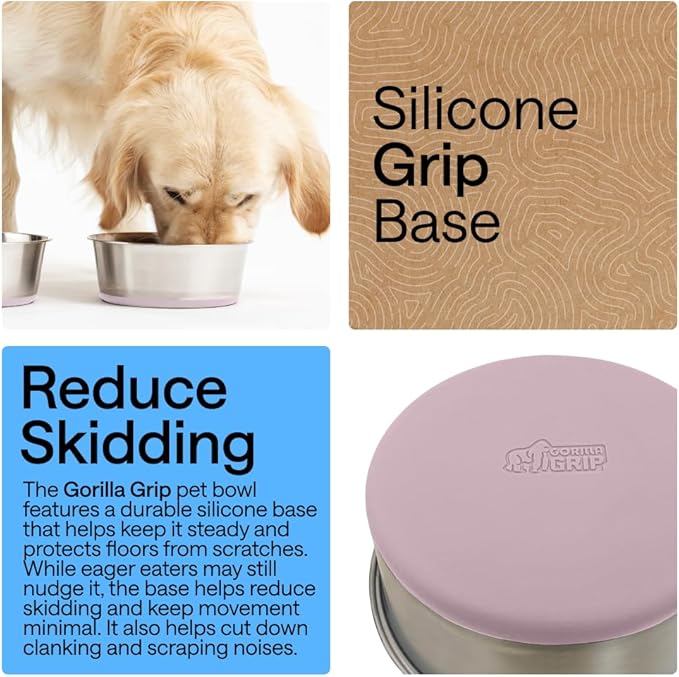 GORILLA GRIP Dog Bowls, Heavy Duty 304 Stainless Steel, Holds 4 Cups Each (32 fl oz) Food and Water Bowl for Feeding Dogs and Cats, Dishwasher Safe, Rust Resistant, BPA Free Rubber Base Set of 2 Pink