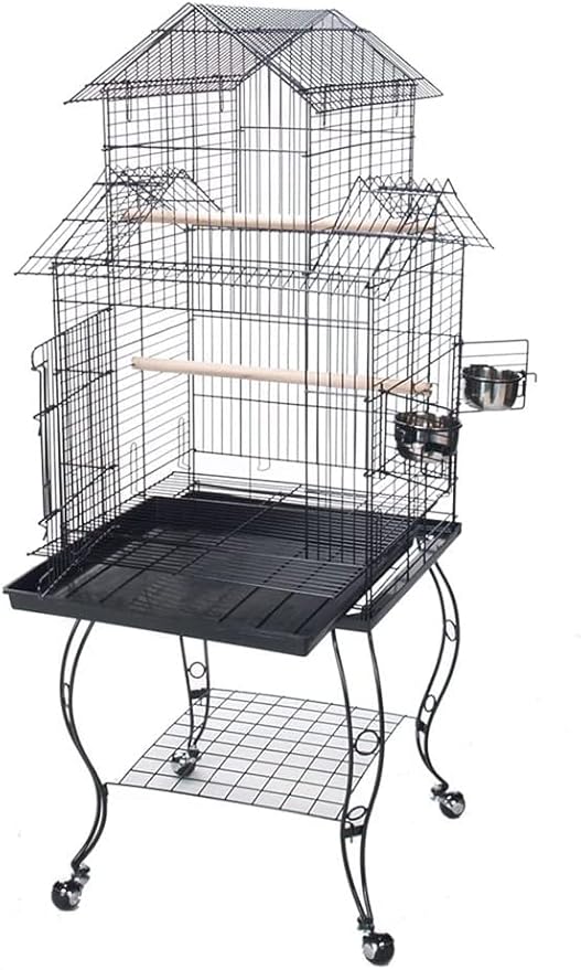 55" Rolling Standing Triple Roof Top Medium Bird Cage for Mid-Sized Parrot Cockatiel Sun Parakeet Green Cheek Conure Caique Pet Bird Cage with Detachable Stand