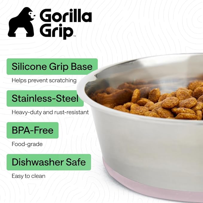 GORILLA GRIP Dog Bowls, Heavy Duty 304 Stainless Steel, Holds 6 Cups Each (48 fl oz) Food and Water Bowl for Feeding Dogs and Cats, Dishwasher Safe, Rust Resistant, BPA Free Rubber Base Set of 2 Pink