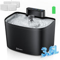 Cat Water Fountain, 122oz/3.6L Pumpless Wireless Cat Fountain, Cordless Water Fountains for Cats Indoor, Dog Pet Water Fountain Battery Operated with Stainless Steel Tray (Black, Fountain+2 Fliters)