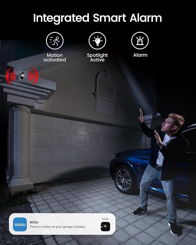 aosu 3K/5MP Security Cameras Outdoor Wireless Home Surveillance System, Solar Powered, 166° Ultra-Wide-Angle, Color Night Vision, Spotlight & Siren, Motion Alert, Easy Setup, No Monthly Fee, 4-Cam-Kit