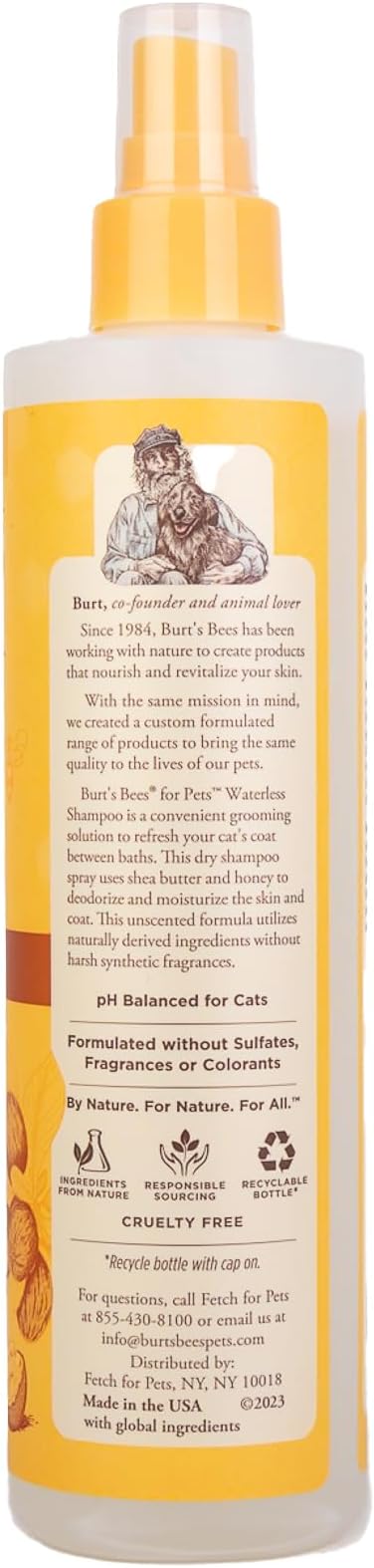 BURT'S BEES FOR PETS Waterless Cat Shampoo Spray, No-Rinse Cat Dry Shampoo with Shea Butter & Honey for Gentle Cleaning Between Baths, pH Balanced, No Harsh Detergents, 10 Fl Oz - 2 Pack