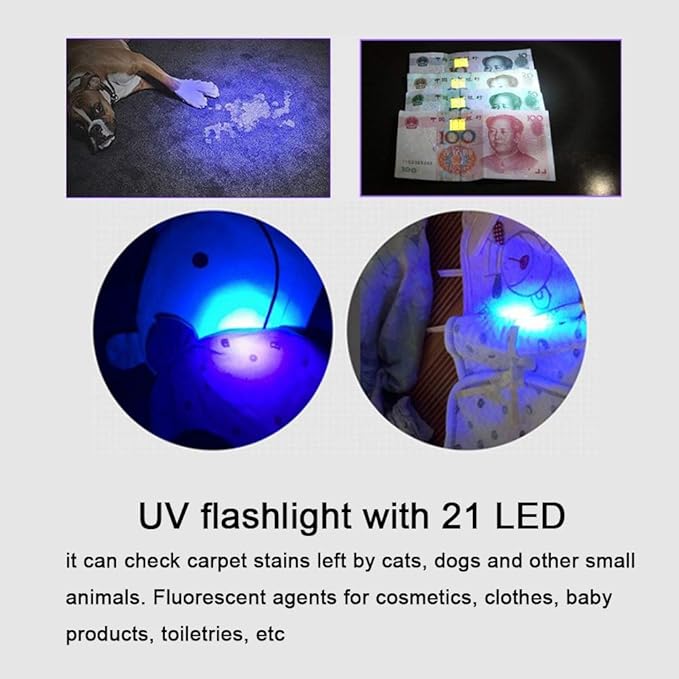 Flashlight, Light Mini Torch Light Urine Light Detector 21 LED Flashlight Ultra Violet Pet Urine Detector Light for Dog Cat (with Tail Strap)