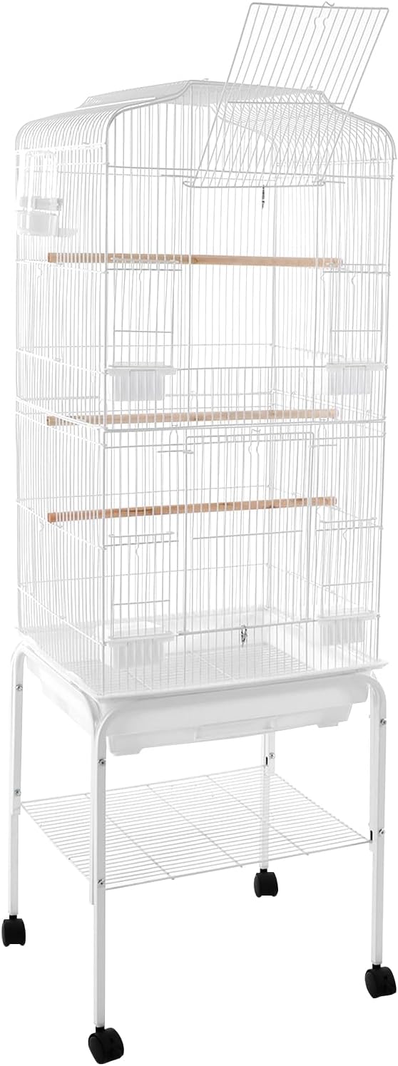 Bird Cage with Wheels, Breeding Cage Wrought Iron Flight Cage with Wooden Stand, Removable Tray & Feeding Bowls for Parrots, Canaries, Lovebirds Finches, 18" L x 14.6" W x 54" H